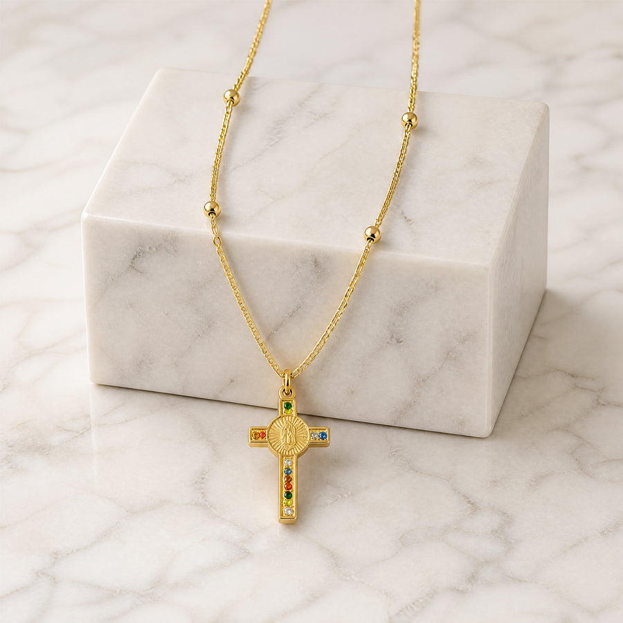 18K Gold Plated Stainless Steel Virgin Mary Cross Pendant Necklace For Women, Colorful Rhinestone Beaded Chain Religious Faith Necklace, Christian Jewelry Gift