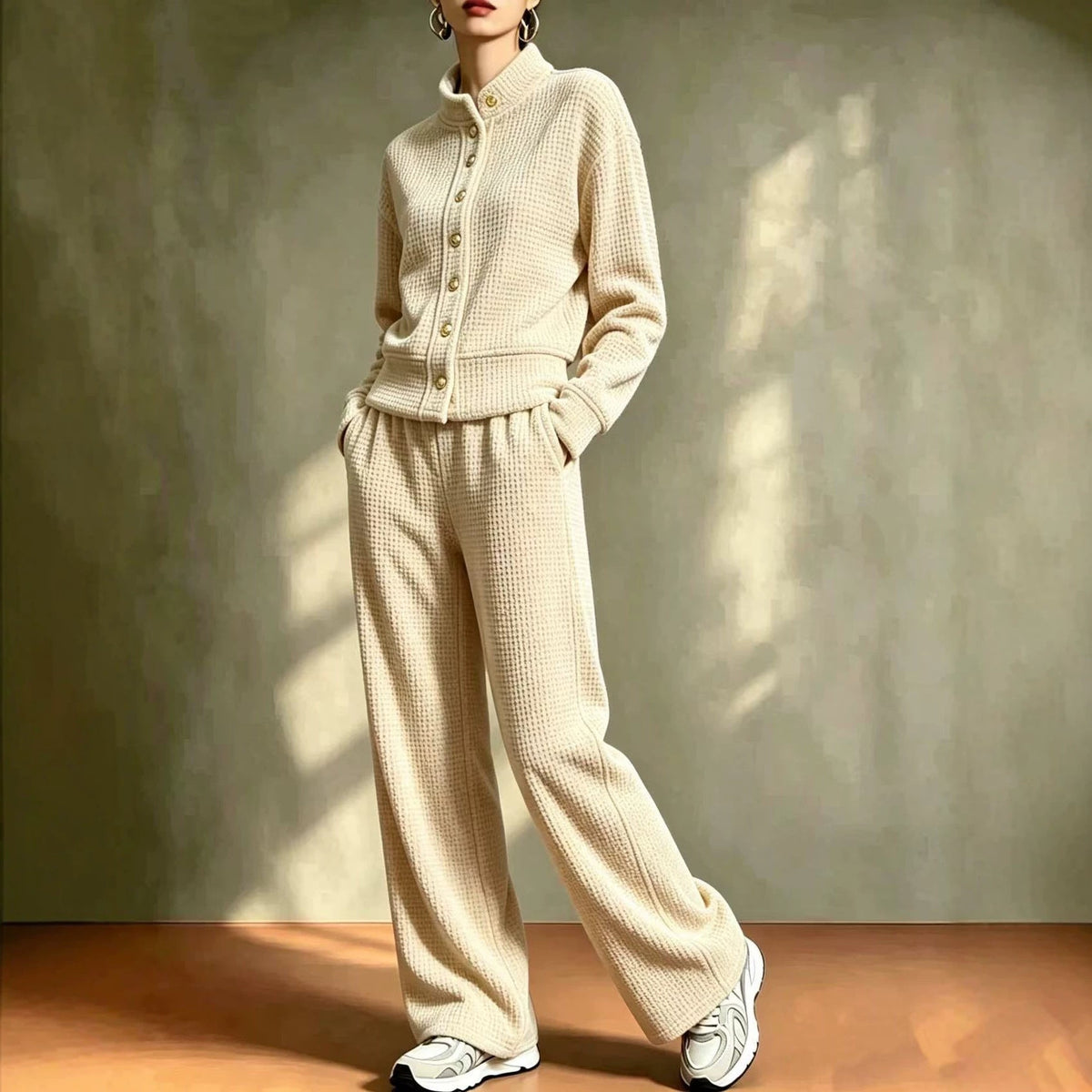 Women's Waffle Stand-Collar Cardigan & Wide-Leg Pants Set