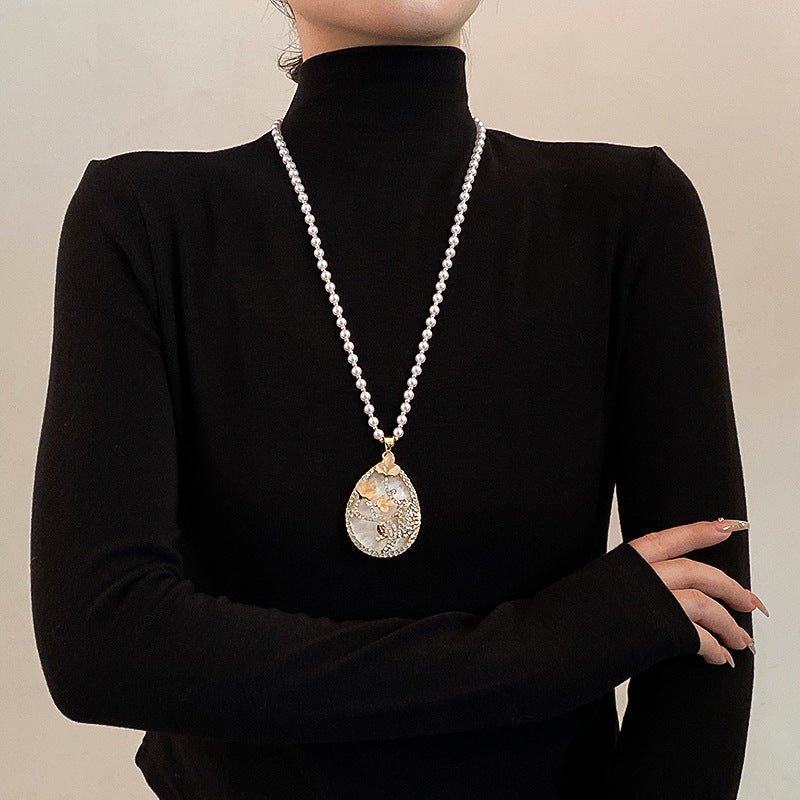 Korean Style Versatile Fashion Flower Sweater Chain Autumn And Winter Accessories Long Necklace Women's High-End Cat's Eye Pendant Camellia