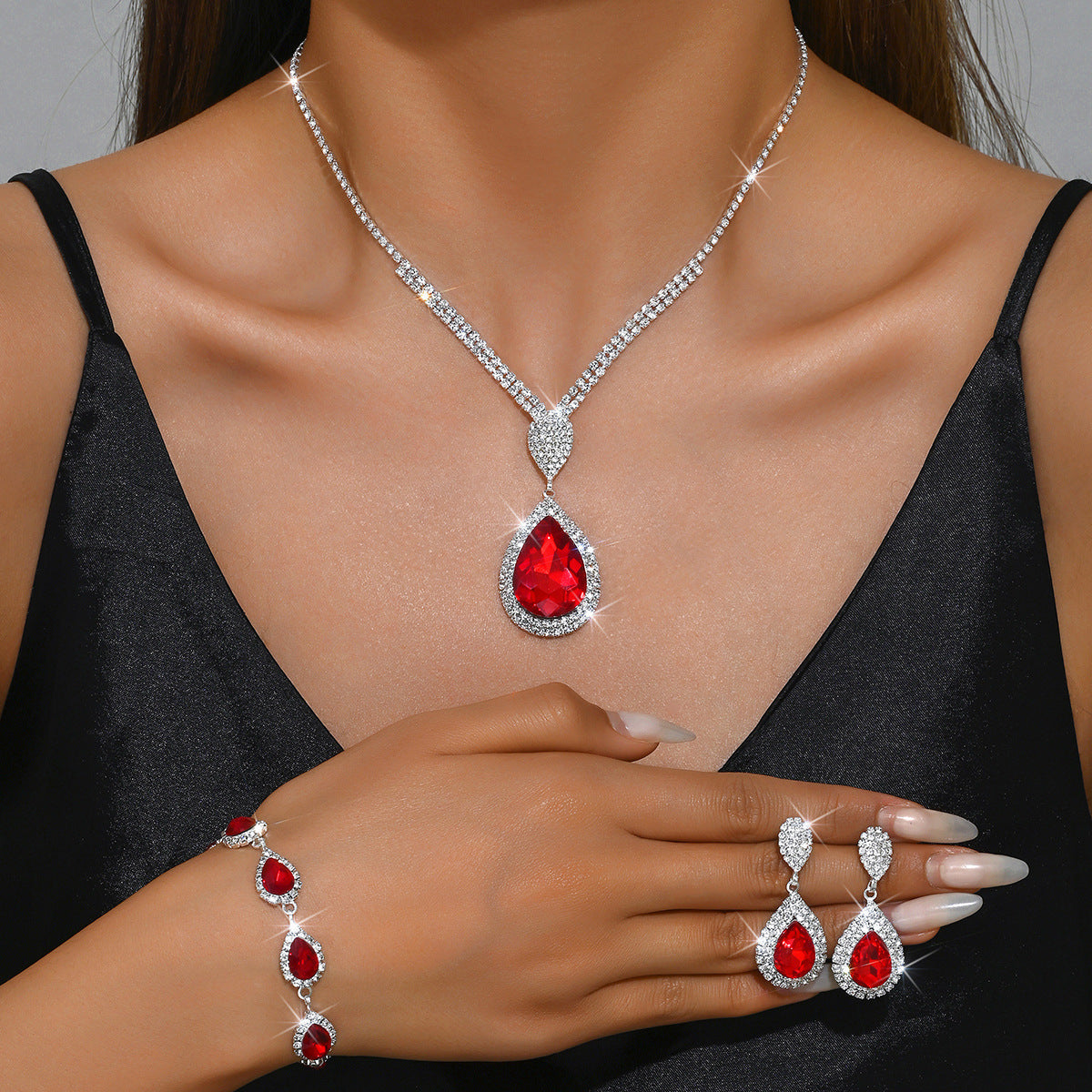 Fashion Temperament Red Sapphire Blue Water Drop Pendant Light Luxury Design Niche Trend Suit All-match Wholesale