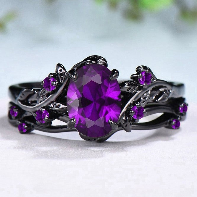 Sanjie Cross-border European And American Retro Foreign Trade Hot Selling Ruby Ring Gun Black Rose Branches Cross Pair Ring