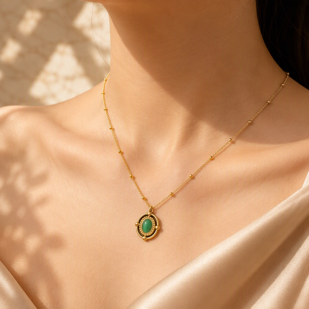 Gold Plated Stainless Steel Vintage Oval Gemstone Pendant Necklace For Women, Beaded Ball Chain Multi-color Stone Boho Statement Necklace Jewelry Gift