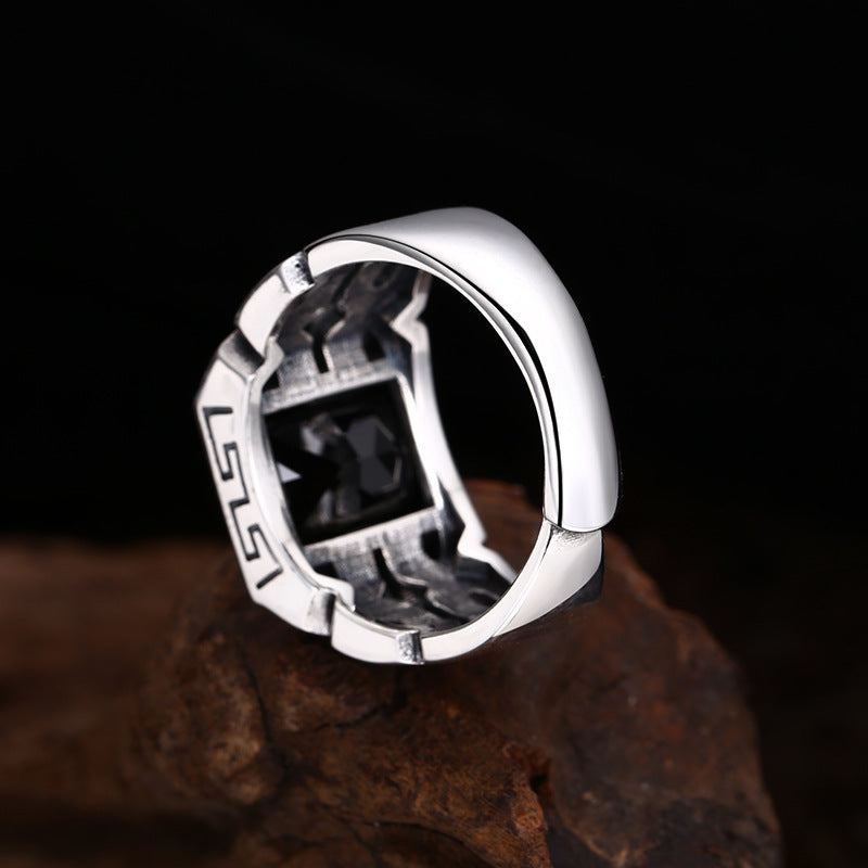 Crossed Ring Chain Style Black Zircon Ring Open-End Vintage Trendy Statement Jewelry