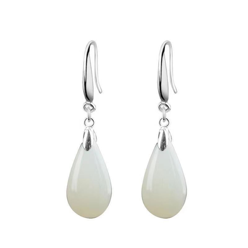 Sterling Silver And White Jade Ear Hooks Fashionable Silver Earrings