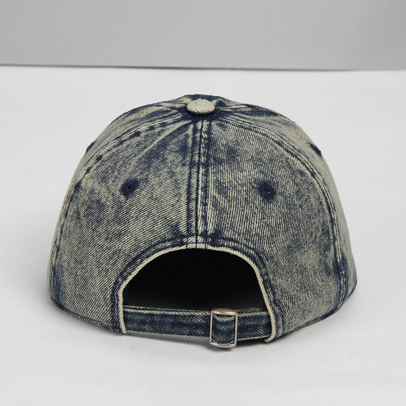Denim Baseball Cap Washed And Distressed Hip-hop Style Soft-crown Six-panel Flat-brim Hat
