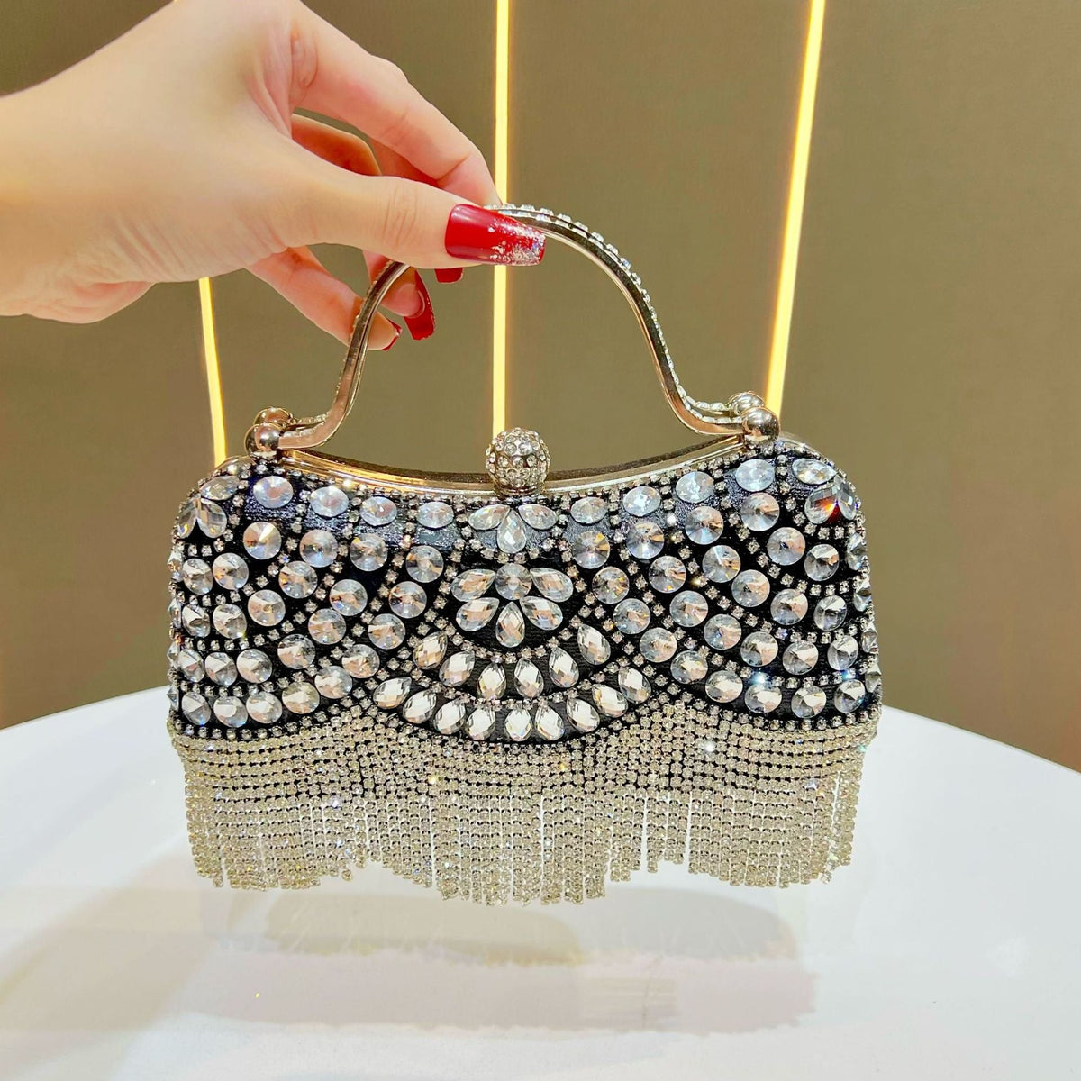 Diamond-encrusted Clutch With Tassel Evening Bag