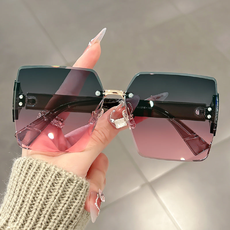 Women Rimless Oversized Square Sunglasses, Frameless Cut Edge Design Gradient Tinted Lenses, UV400 Protection Fashion Statement Eyewear, Lightweight Comfortable Sun Glasses Suitable For Beach Vacation