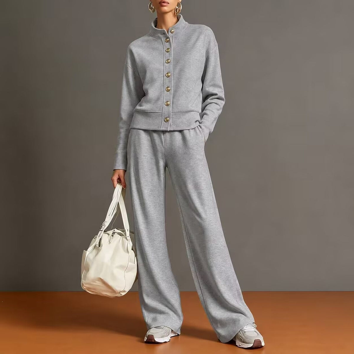 Women's Stand-Collar Button Cardigan & Wide-Leg Pants Set