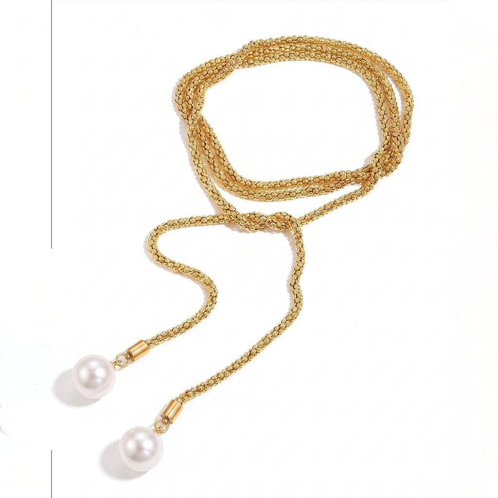 European And American Cross-Border Jewelry, Imitation Pearl Pendant Long Necklace, Multi-Layer Winding Design, Stainless Steel Thick Chain Women's Necklace