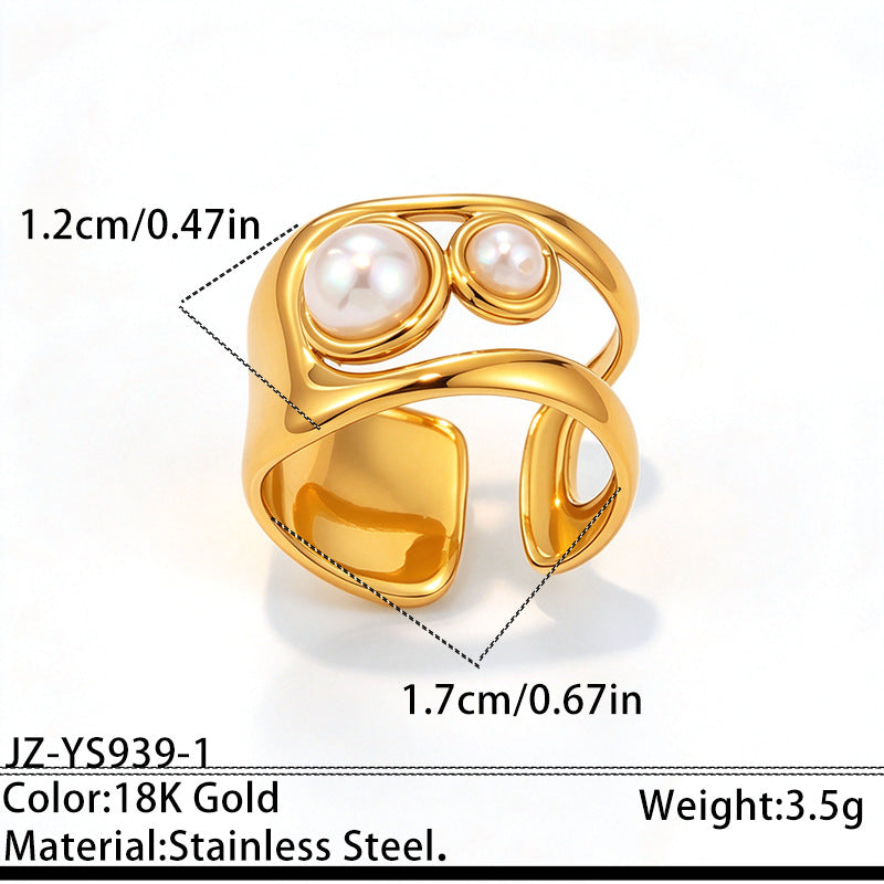 European & American Light Luxury  Pearl Titanium Steel Open Ring, Gold Plated Tarnish Resistant Stainless Steel Jewelry For Women, Cross-border Accessories