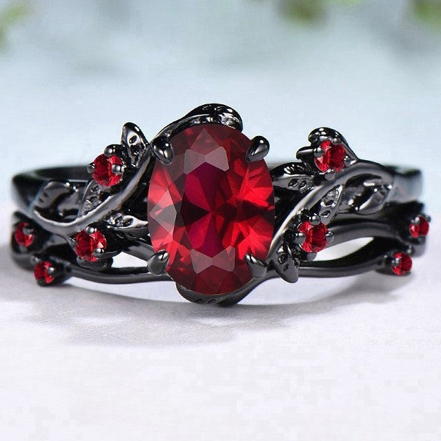 Sanjie Cross-border European And American Retro Foreign Trade Hot Selling Ruby Ring Gun Black Rose Branches Cross Pair Ring