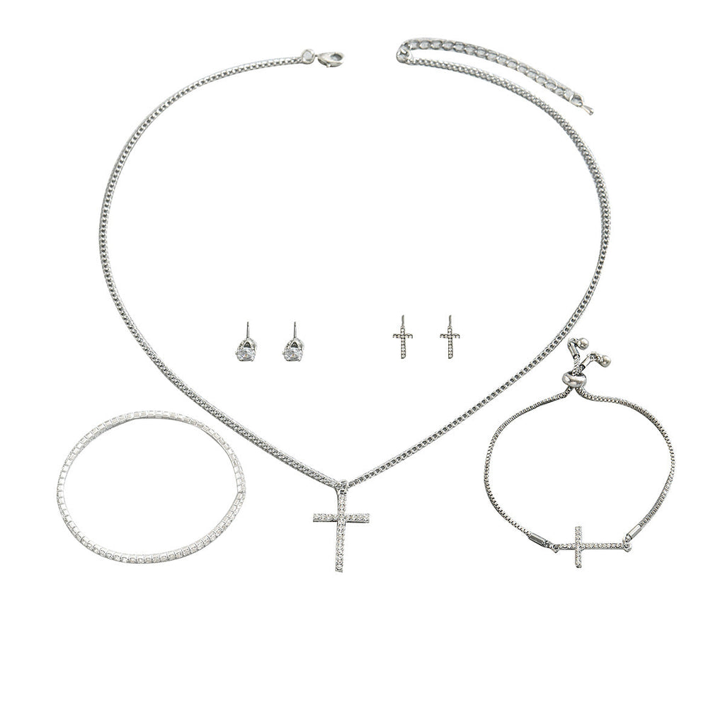 Cross-border European And American Style Ladies Necklace Jewelry Suit Personality Cross Niche Design Diamond Earrings Bracelet Wholesale