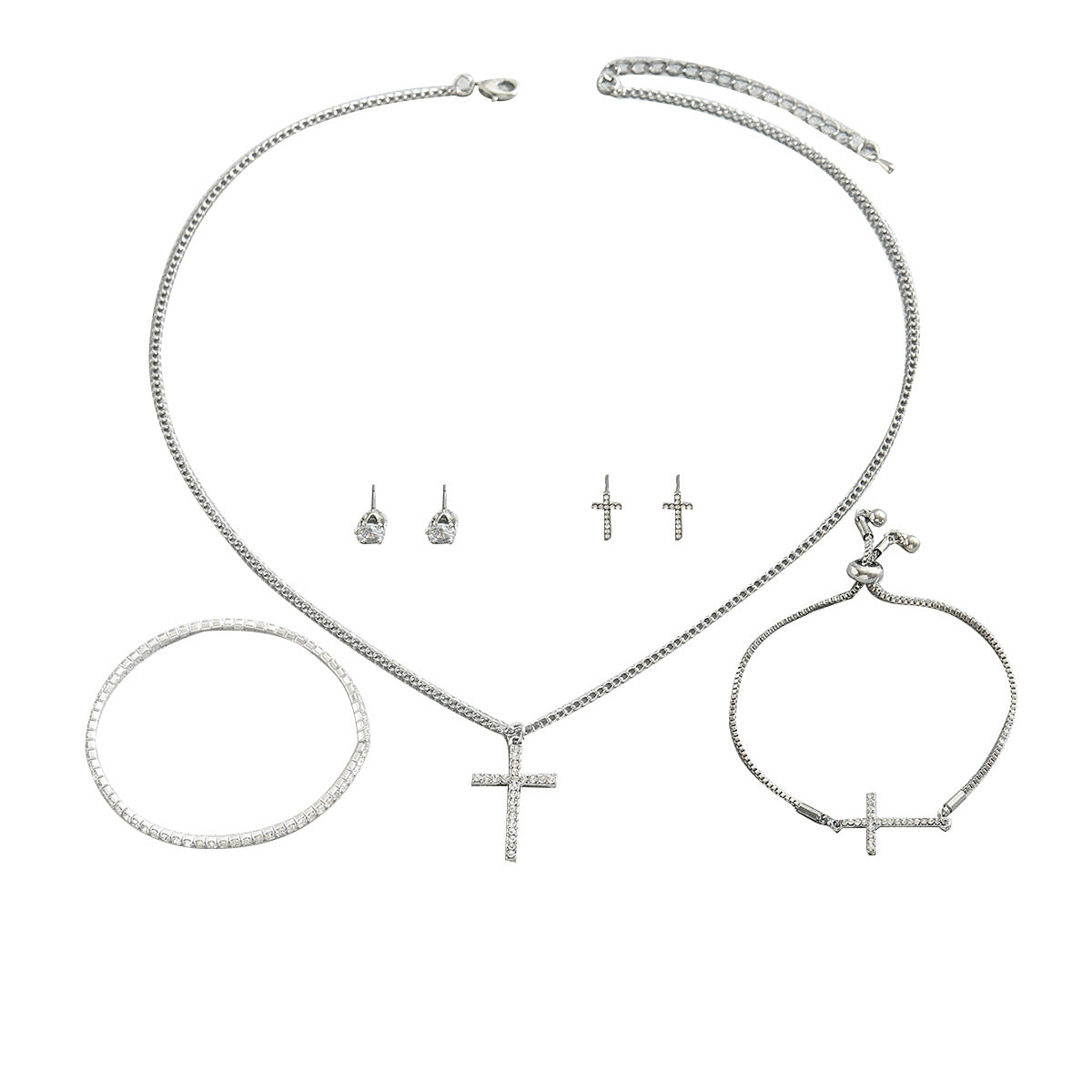 Cross-border European And American Style Ladies Necklace Jewelry Suit Personality Cross Niche Design Diamond Earrings Bracelet Wholesale