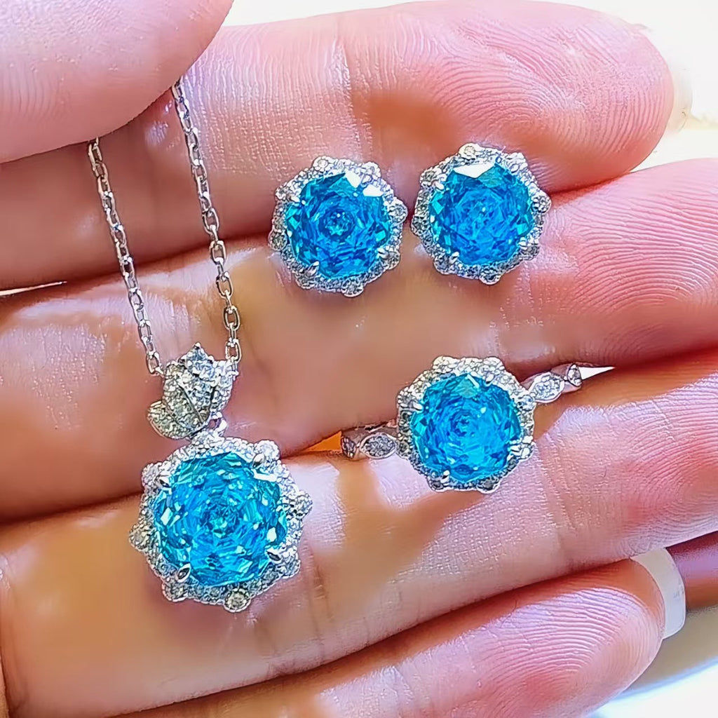 Violet Millennium Rose Cut Pendant Necklace, Gemstone Three-Piece Set, Rose Flower Ring, High Carbon Diamond Flower Earrings For Women