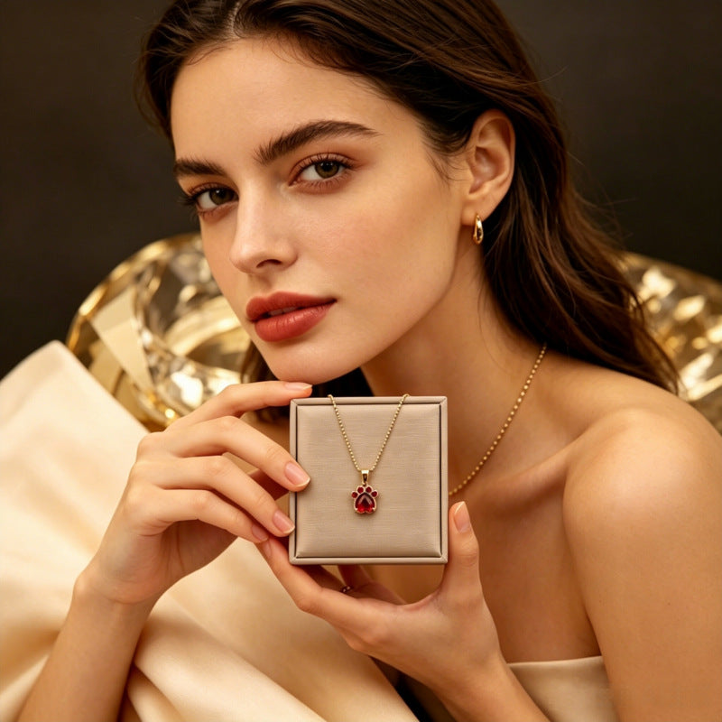 18K Gold-plated Cartoon Cat Claw Pendant Necklace With Colorful Heart-shaped Zircon Stones