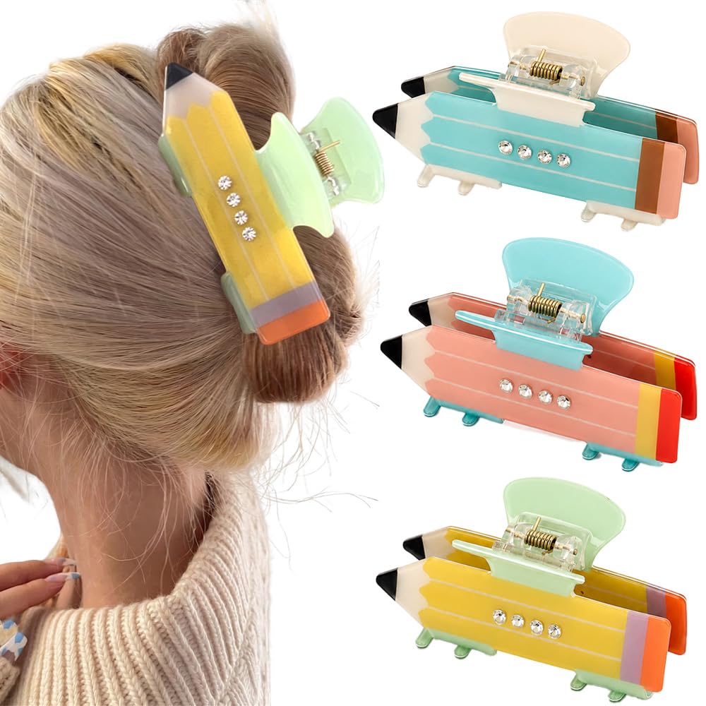 Ahoney Teacher Appreciation Gifts Back to School Supplies Stuff, 3 Pack Pencil Hair Clips Funny Hair Accessories for Teens, End of Year Teacher Gifts for Women from Student
