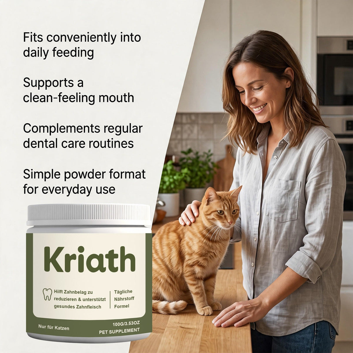 Kriath Cat Dental Care Nutrient Powder Freshens Cat's Oral Hygiene, Removes Pet Tartar, Convenient For Feeding