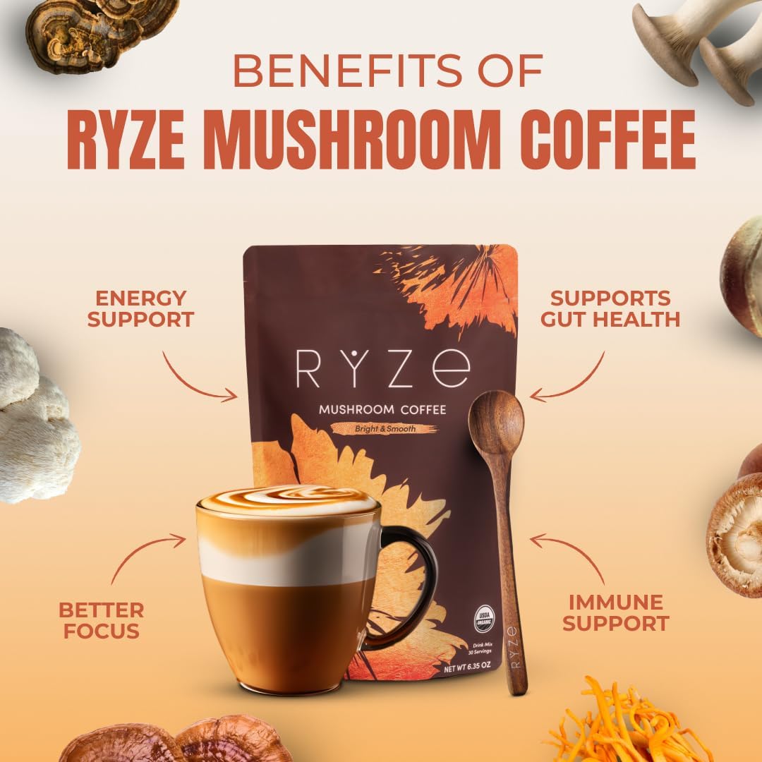 RYZE Organic Mushroom Coffee, Medium Roast, Adaptogenic Blend, 30 Servings