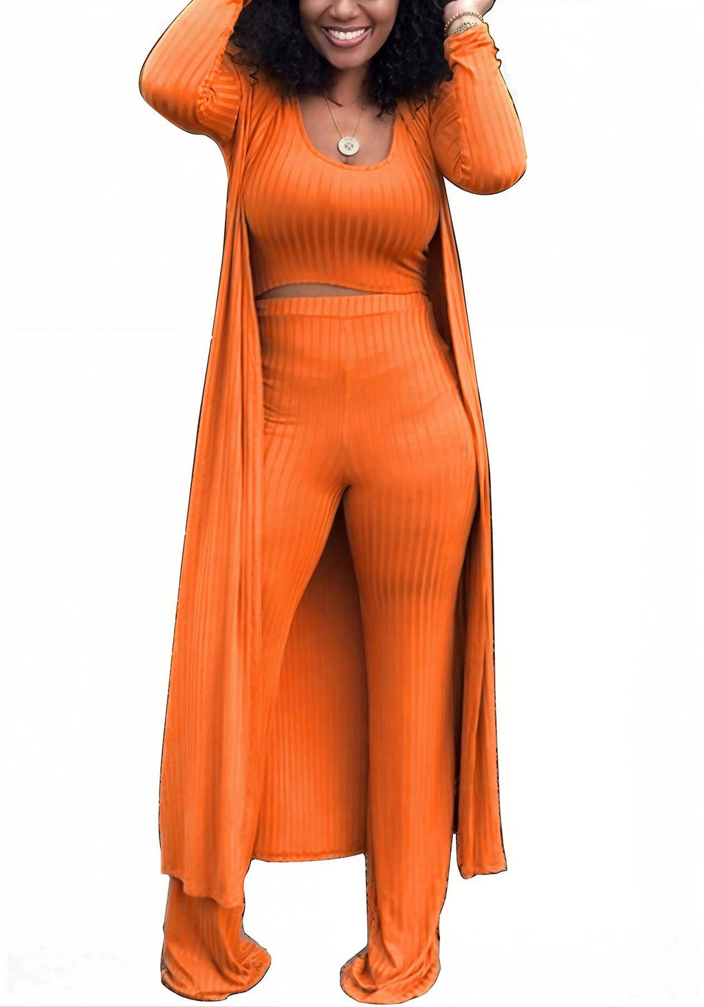 LKOUS Women's 3 Piece Ribbed Knit Cardigan Wide Leg Pants Casual Set