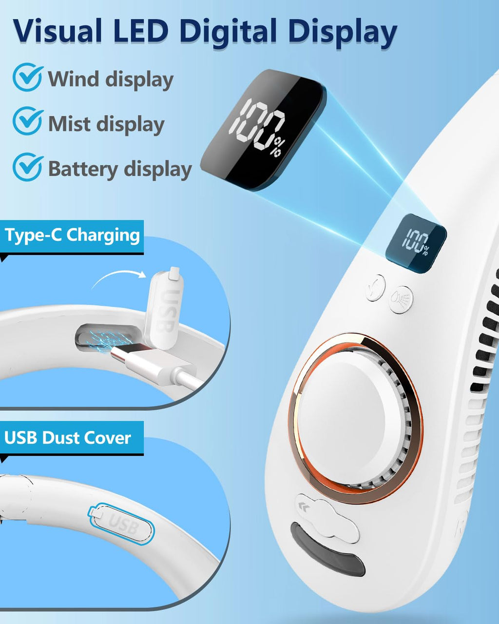 Portable Neck Fans with Mist, Rechargeable 4-9H Lasting Neck Cooling that Blow Cold Air, 5 Speeds & LED display, USB-C Bladeless Folding Personal Mister for Kid Adult Indoor Outdoors Sports, White