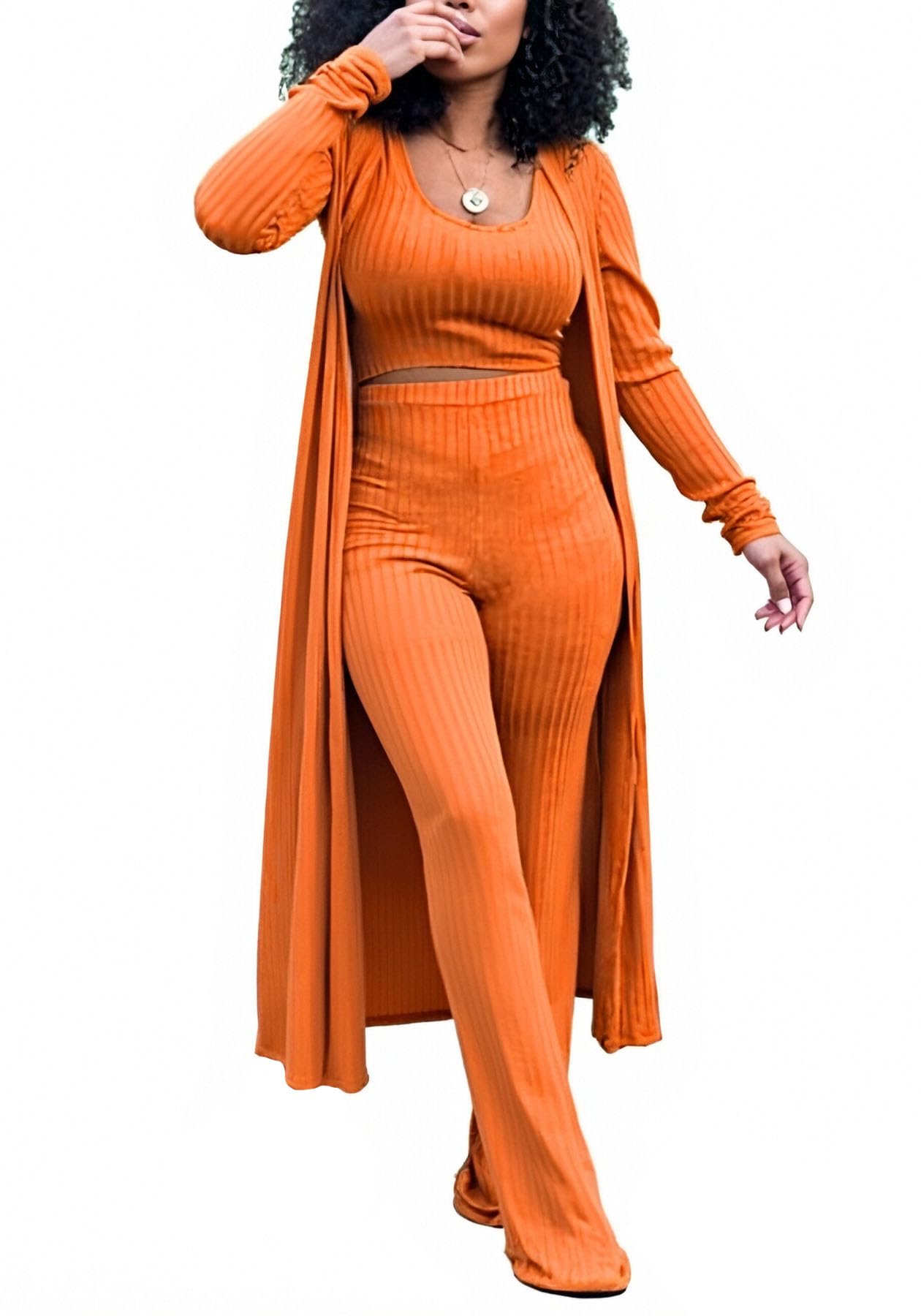 LKOUS Women's 3 Piece Ribbed Knit Cardigan Wide Leg Pants Casual Set