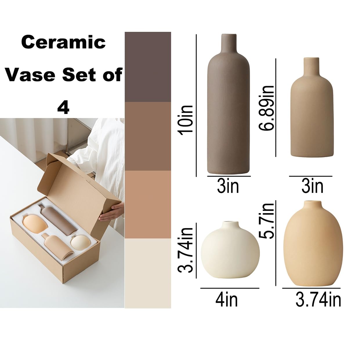 Modern Ceramic Vase Set, Neutral Colors, Decorative Vases for Home Shelf Decor, 4 Piece Collection, Happy Birthday Gifts for Women Mom Her Friend Sister Wife Grandma, Self Care Gift (Coffee Mix set 4)