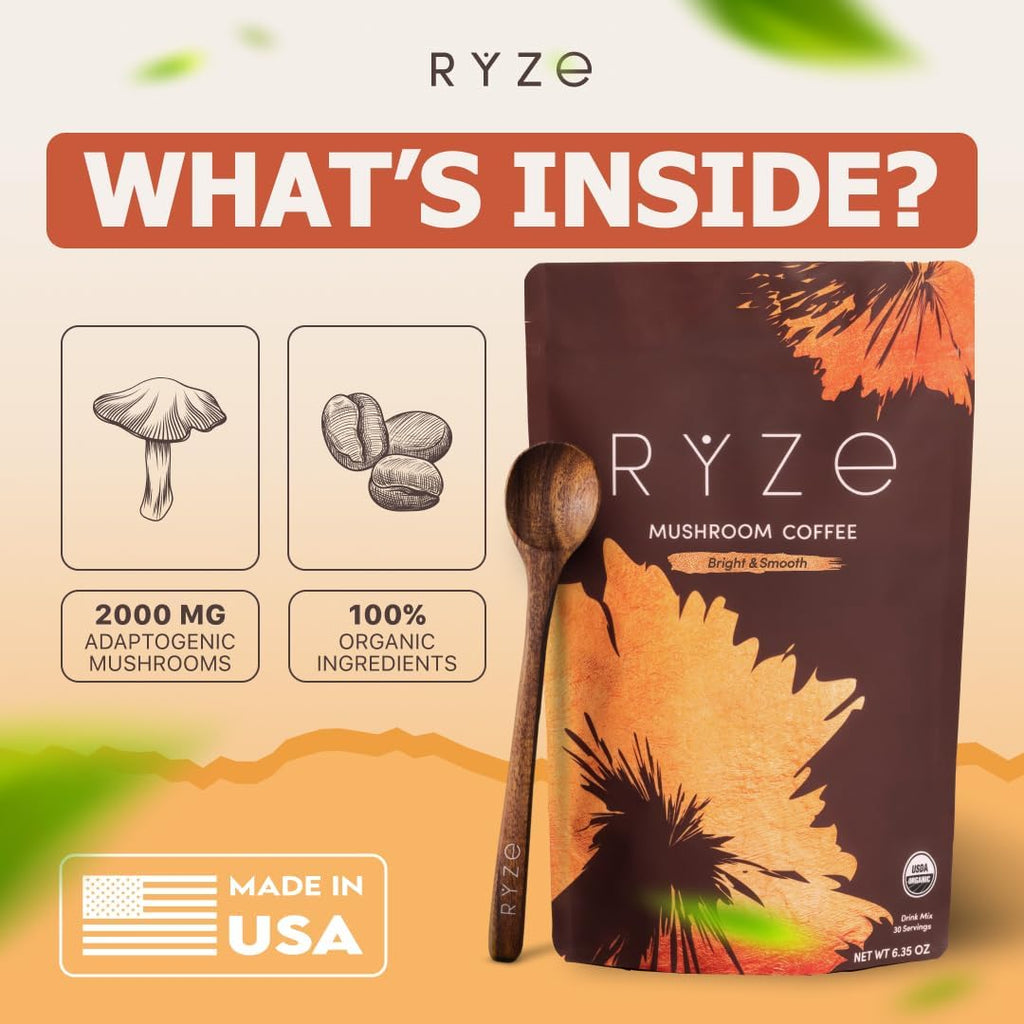 RYZE Organic Mushroom Coffee, Medium Roast, Adaptogenic Blend, 30 Servings
