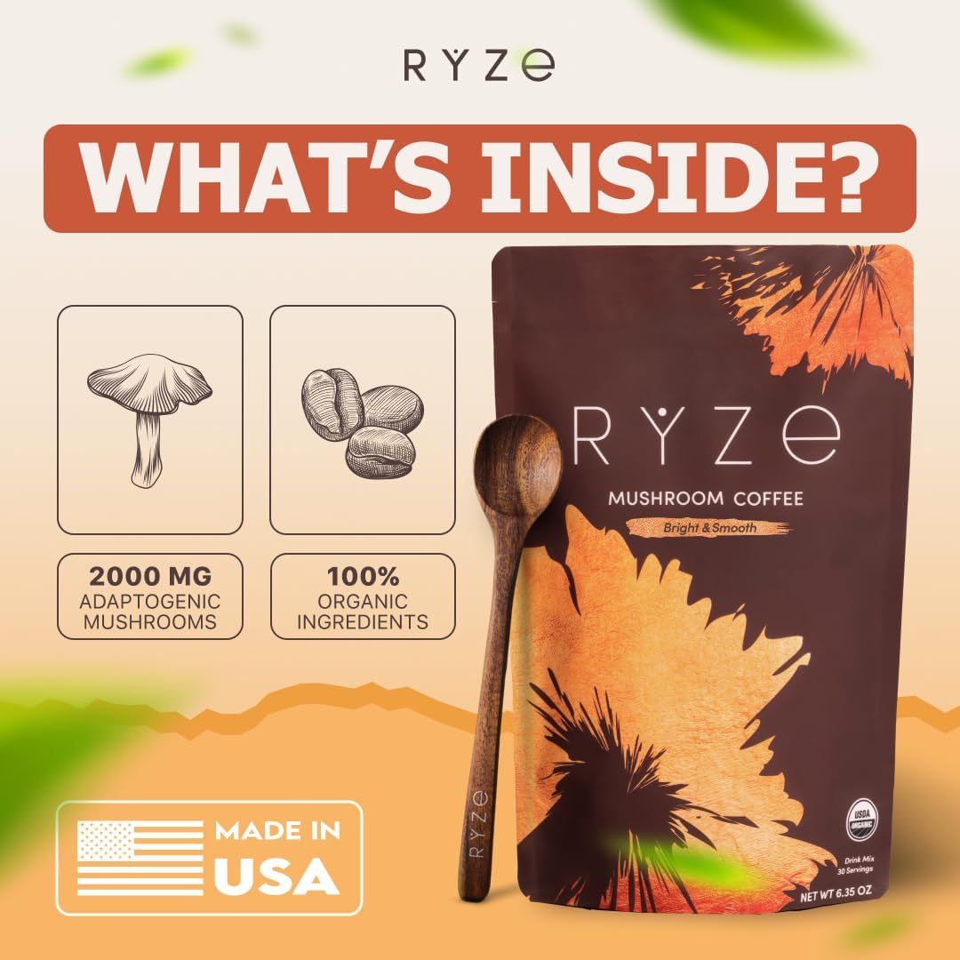RYZE Organic Mushroom Coffee, Medium Roast, Adaptogenic Blend, 30 Servings
