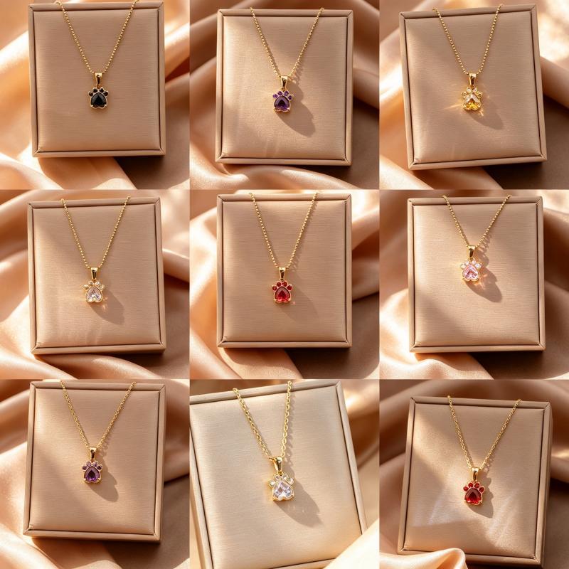 18K Gold-plated Cartoon Cat Claw Pendant Necklace With Colorful Heart-shaped Zircon Stones