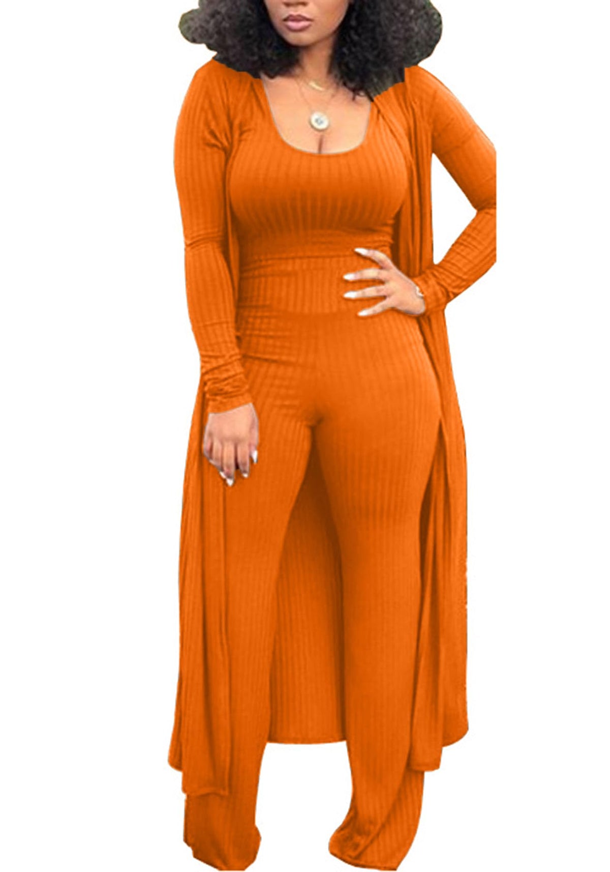 LKOUS Women's 3 Piece Ribbed Knit Cardigan Wide Leg Pants Casual Set