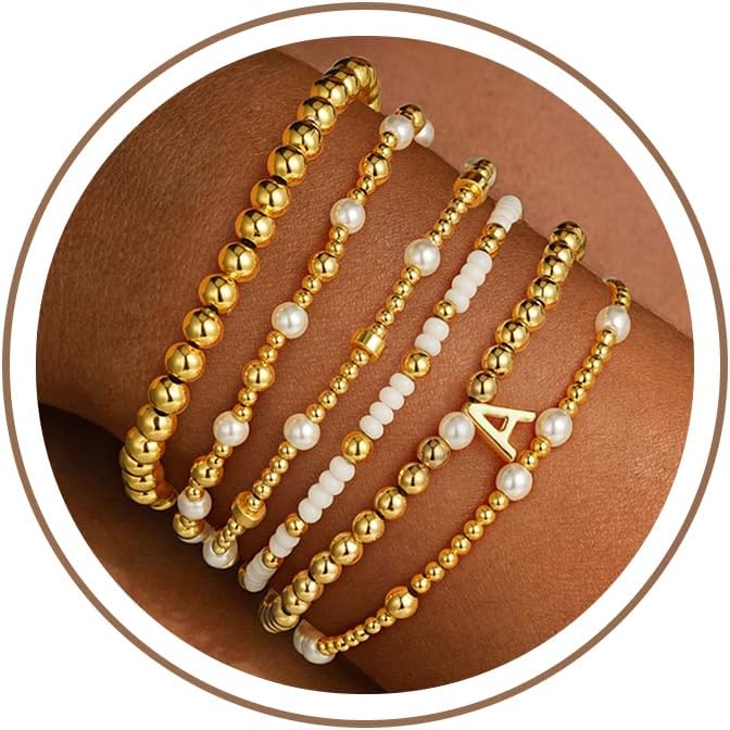 Initial Charms – 6-Piece Gold Beaded Bracelet Set