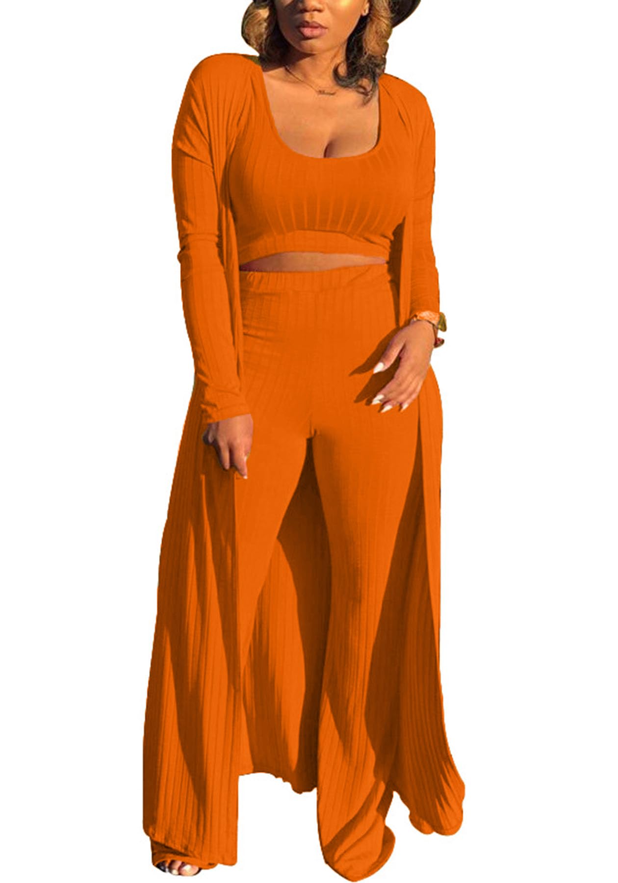 LKOUS Women's 3 Piece Ribbed Knit Cardigan Wide Leg Pants Casual Set
