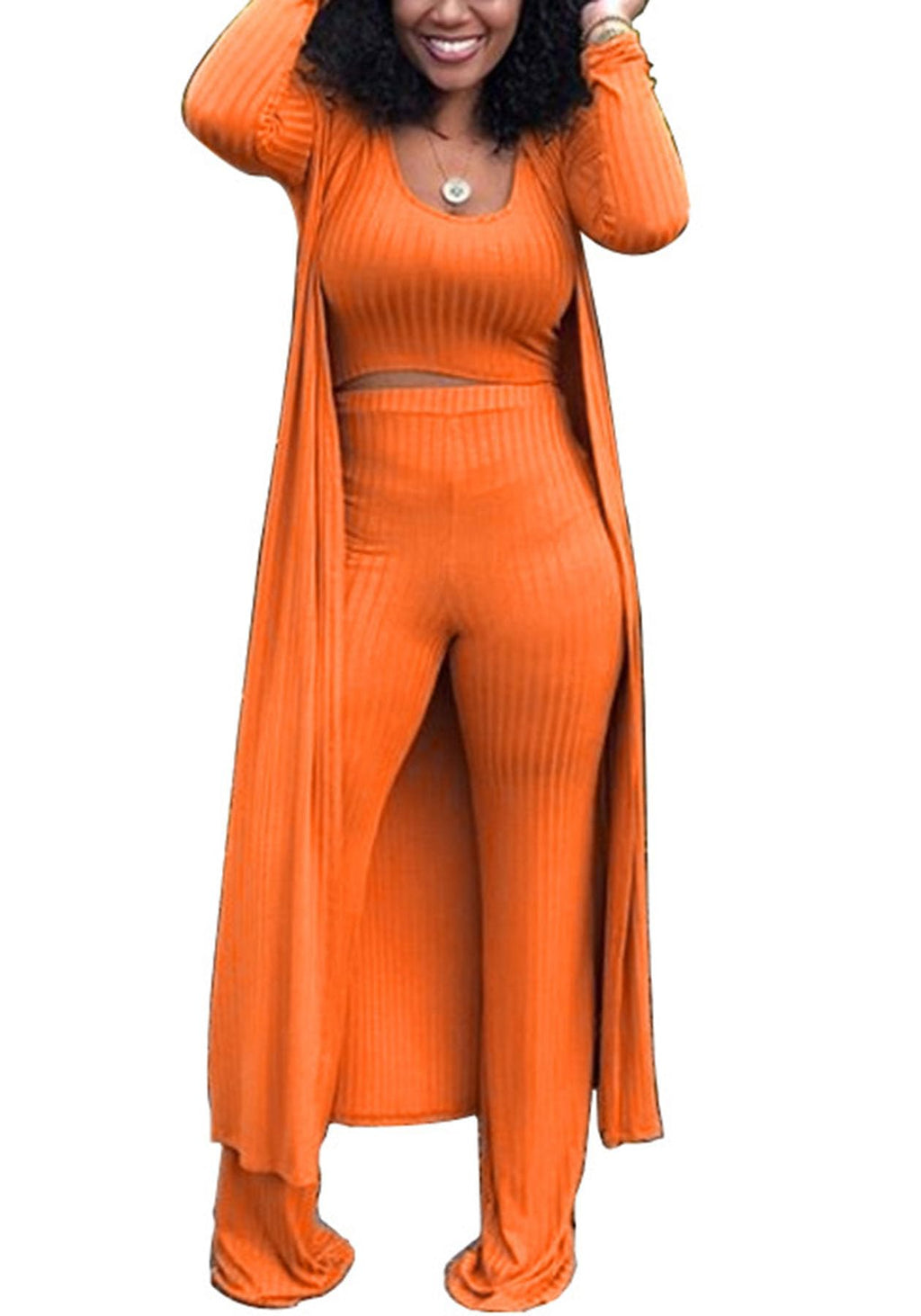 LKOUS Women's 3 Piece Ribbed Knit Cardigan Wide Leg Pants Casual Set