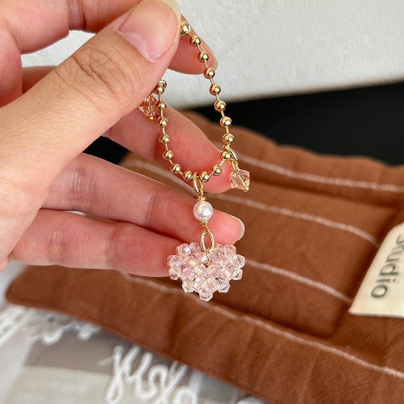 Love-shaped Imitation Crystal And Pearl Purse Charm With Zipper Pull For Womens Bags