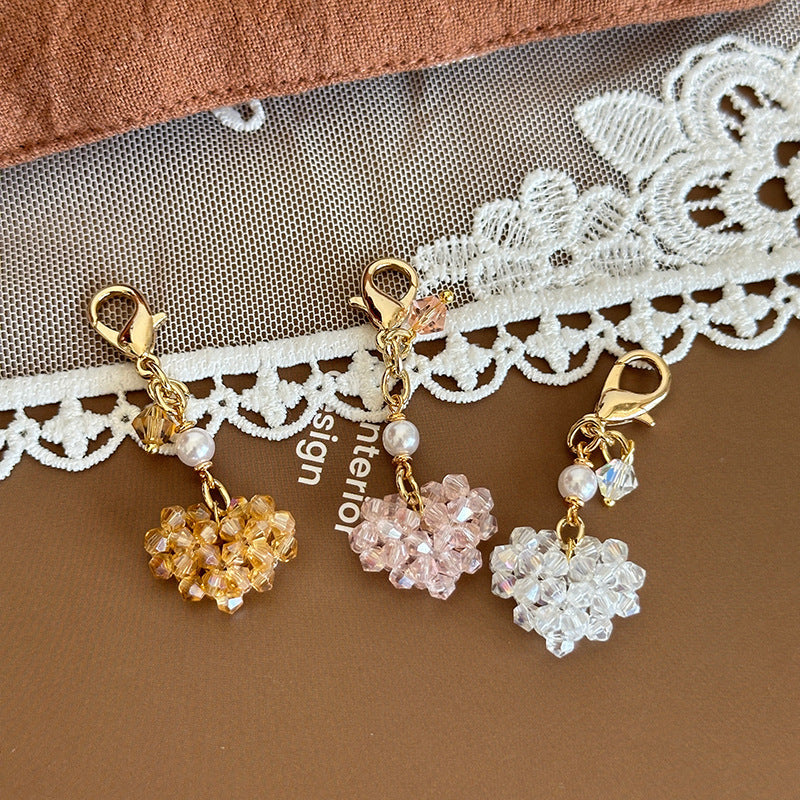 Love-shaped Imitation Crystal And Pearl Purse Charm With Zipper Pull For Womens Bags