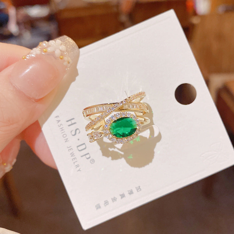 Korean Style New Entry Luxury Heavy Industry High Texture Emerald Crystal Ring Ins Trendy Adjustable Opening Ring Ring