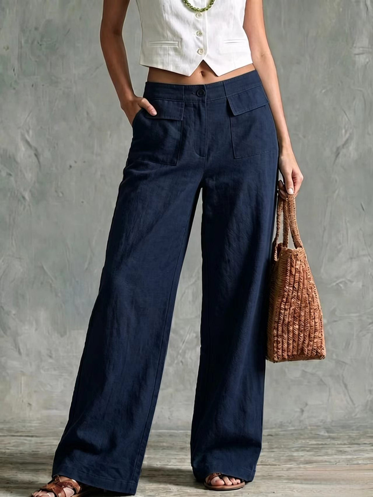 Women's Solid Color Loose Fit Casual Pants - Elastic Waist Trousers for Daily Wear