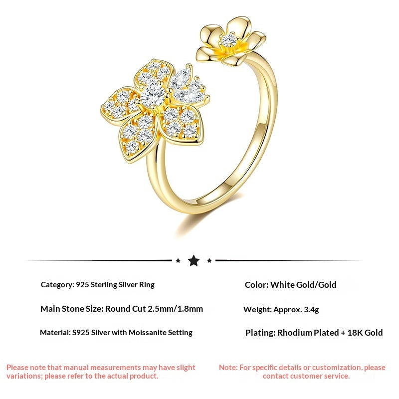 Commuter-style Versatile Diamond-studded Flower Open Ring