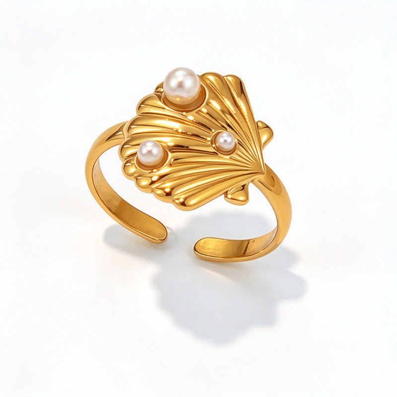 18K Gold Plated Titanium Steel Open Ring For Women, Ocean Style Shell Starfish  Pearl Ring, Unique Niche Design Stainless Steel Hand Jewelry