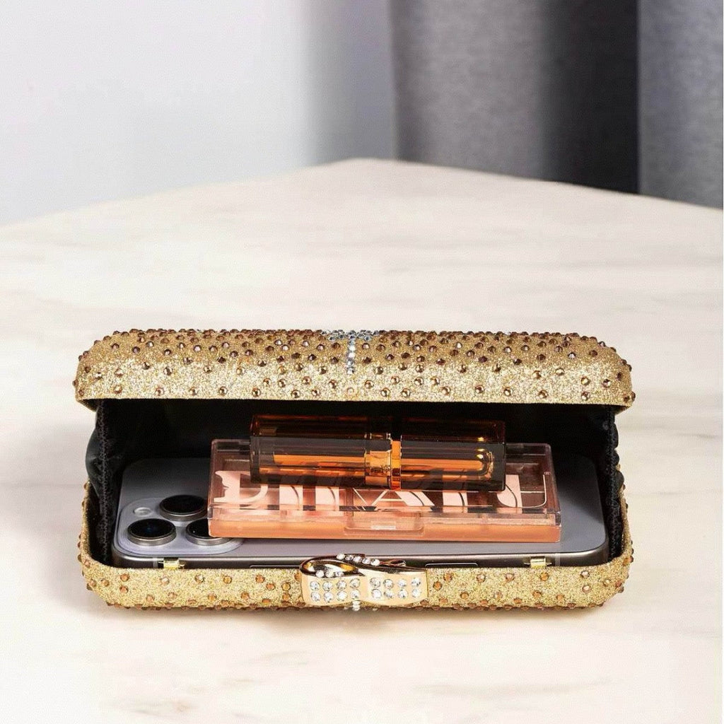 Diamond-Embellished Rhinestone Evening Bag Womens Clutch With Shoulder Strap And Chain