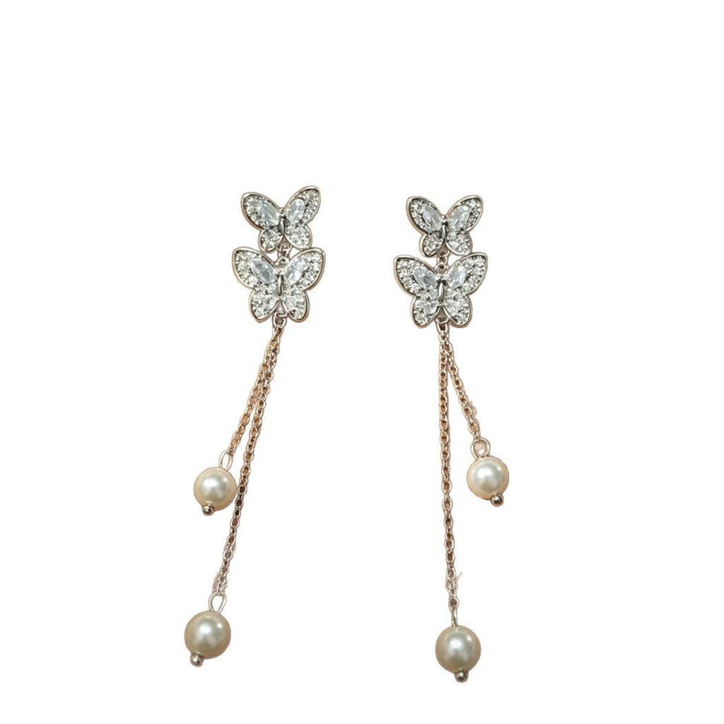Korean-style Pearl Tassel Double Butterfly Earrings For Women, Unique Design, Niche Earrings, 2026 New Model, High-end Earrings