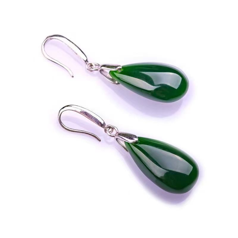Sterling Silver And White Jade Ear Hooks Fashionable Silver Earrings