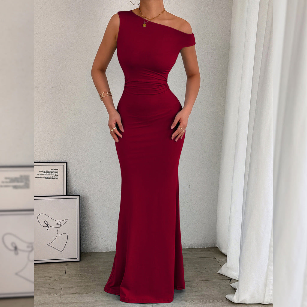 2026 European And American Cross-Border Women's Fishtail Dress, Amazon's Best-Selling One-Shoulder Neckline, Waist Pleated, Sleeveless Sexy Dress