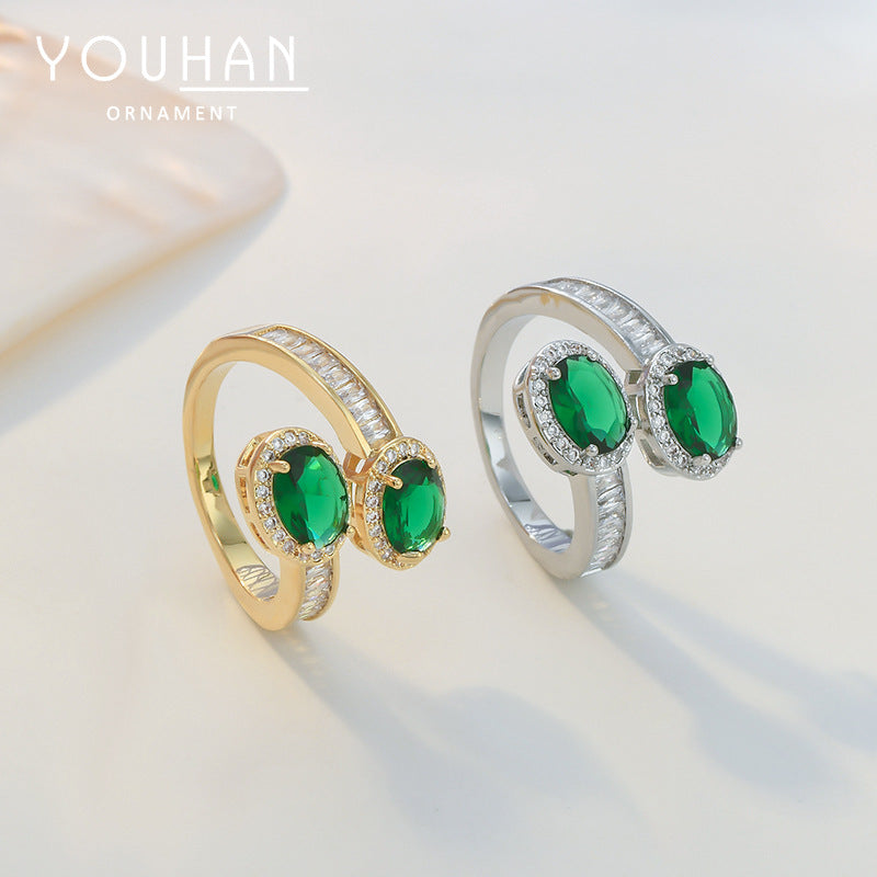 2023 New Zircon-inlaid Elegant Open Ring Female High-grade Emerald Cube Sugar Ring Personalized Index Finger Ring