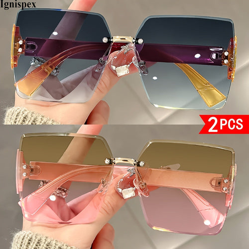 2 Pcs Rimless Square Sunglasses For Women Uv400 Protective Gradient Lens Eyewear Shiny Metal Hinge Detail Wide Temple Suitable For Beach Travel Parties And Daily Fashion Matching.