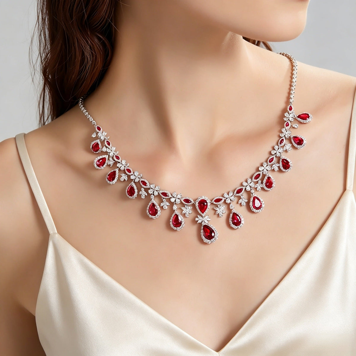 Luxurious French-style Pigeon-blood Ruby Necklace For Women, Featuring High-end Diamond Embellishments And A Long, Elegant Design