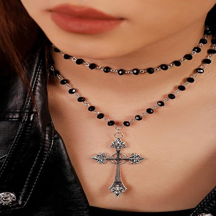 Gothic Punk-style Dark Cross Multi-layer Beaded Necklace