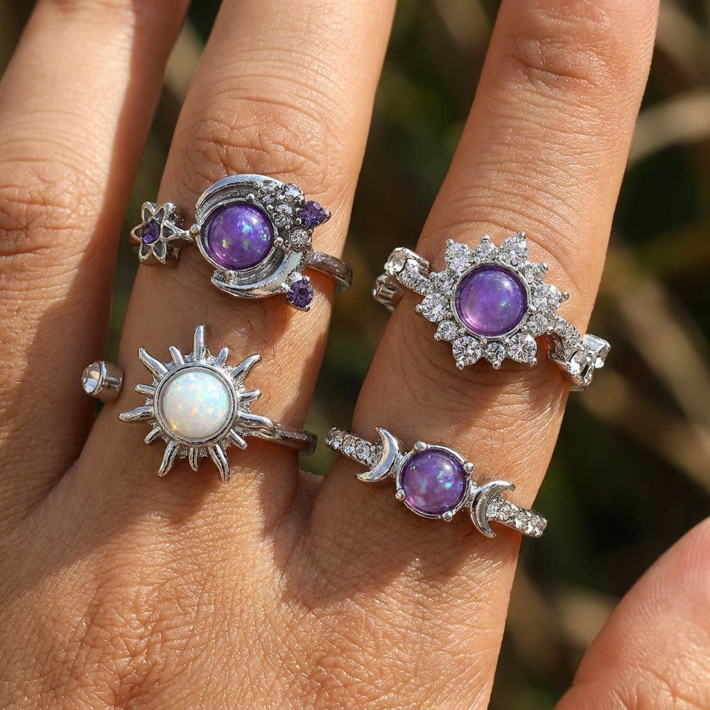 French-style, Retro, Mysterious, And Dreamy Purple Sun And Moon Ring Set, Exuding An Elegant, Luxurious, And High-end Vibe