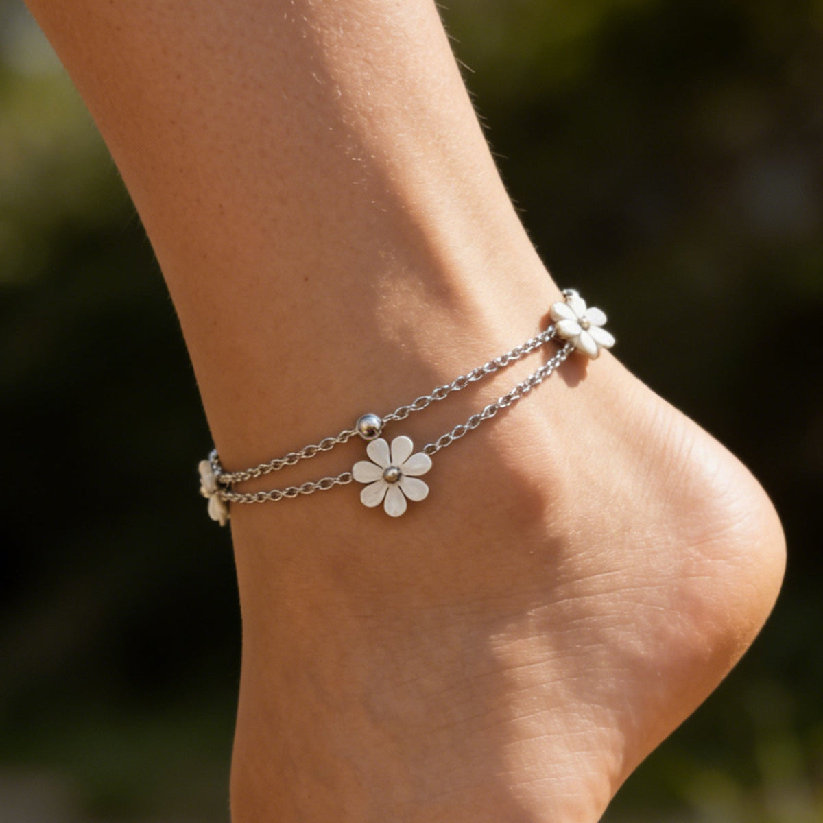 French-style Triple Fritillary Double-layer Stainless Steel Bead Anklet