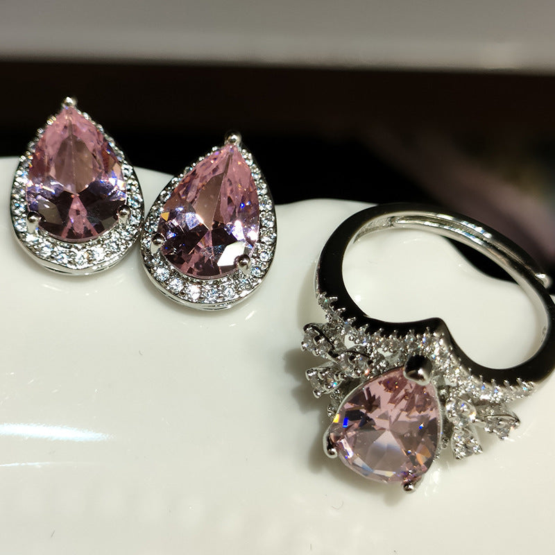 Internet Celebrant Explosive Luxury Crown Drop Shape Simulation Pink Tourmaline Color Treasure Opening Ring Pendant Earrings Suit